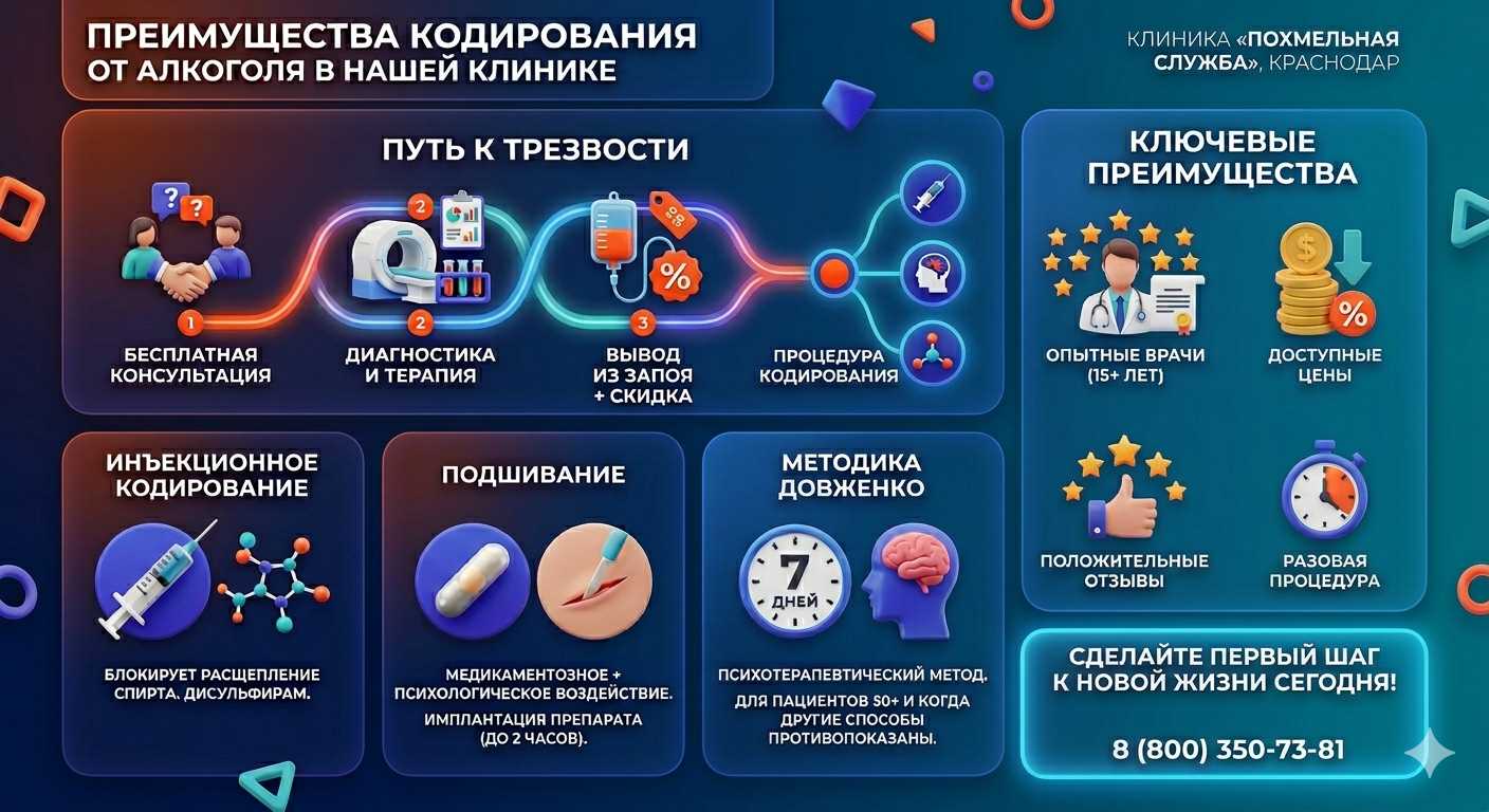Инфографика о методах кодирования от алкоголя в Слониме: инъекции, подшивание, метод Довженко. Преимущества клиники и этапы лечения.