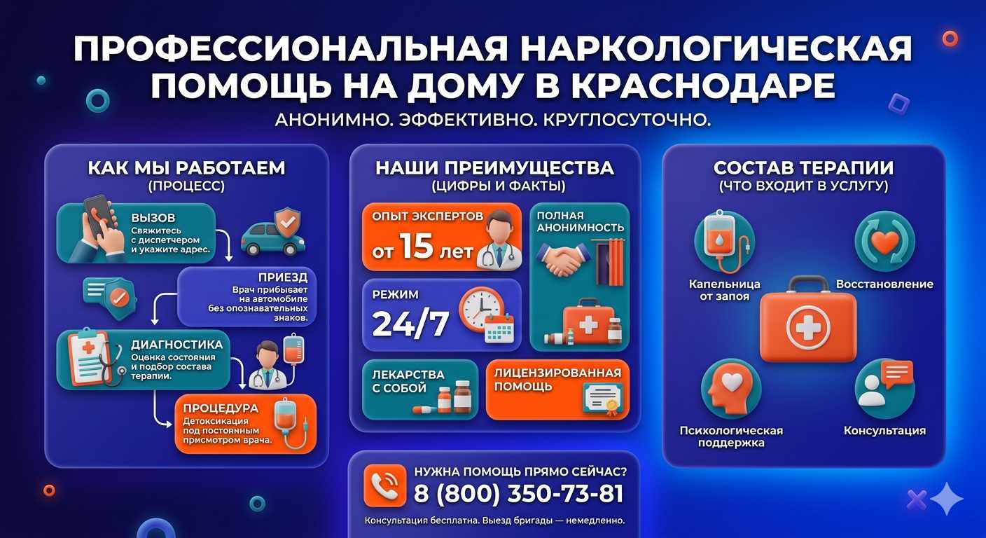 Инфографика о принципах лечения алкоголизма на дому в Слониме: этапы вызова нарколога, преимущества анонимной детоксикации и состав медицинской помощи.
